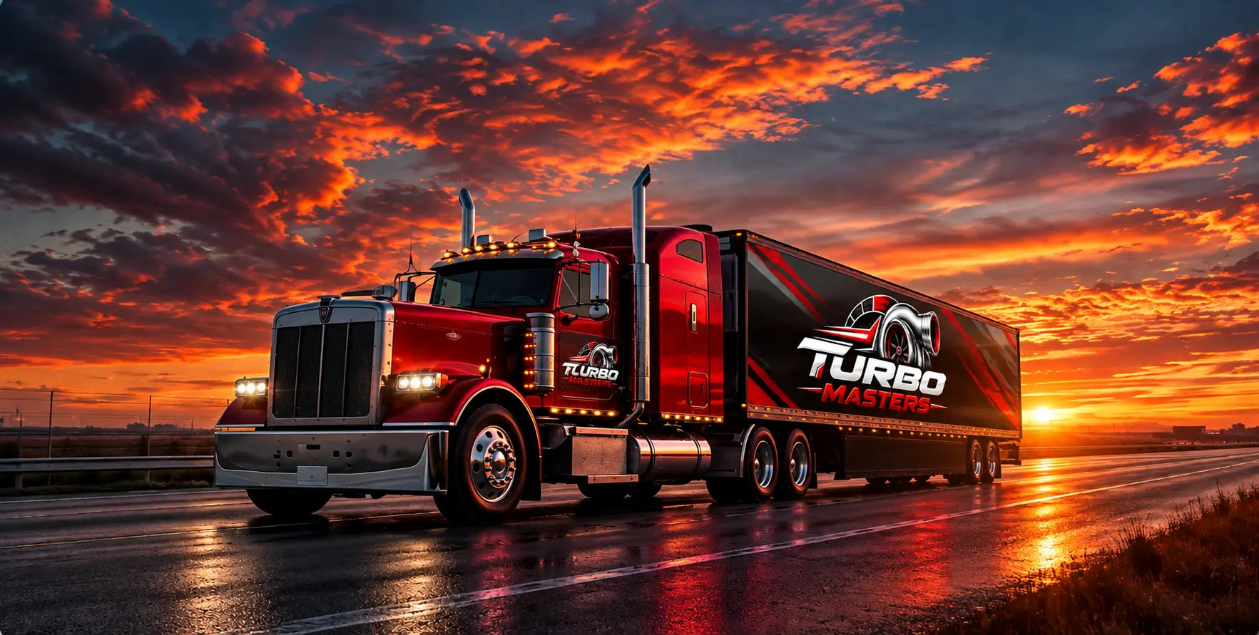 Turbo Masters transport truck on the highway at sunset